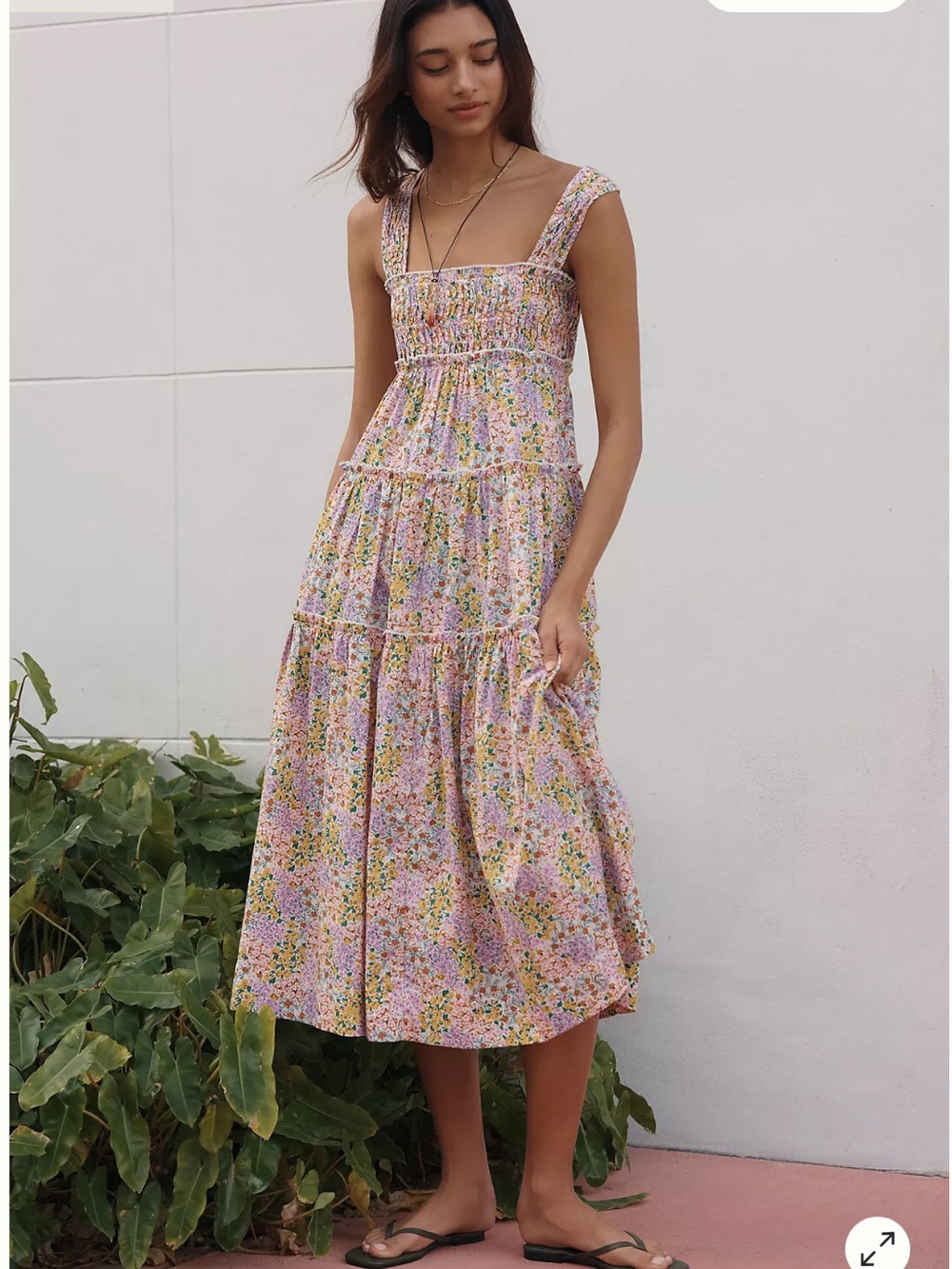 Maeve Pink Floral Smocked Tiered Midi Dress, it was a rental, I never wore.